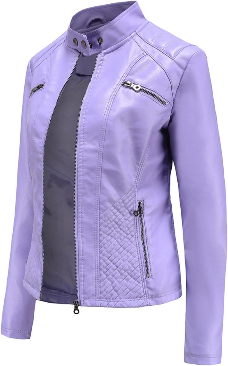 Lmdudan Faux Leather Jacket for Women Stand Collar Motorcycle Zip Up Long Sleeve Motor Biker Short Coat Outwear with Pockets