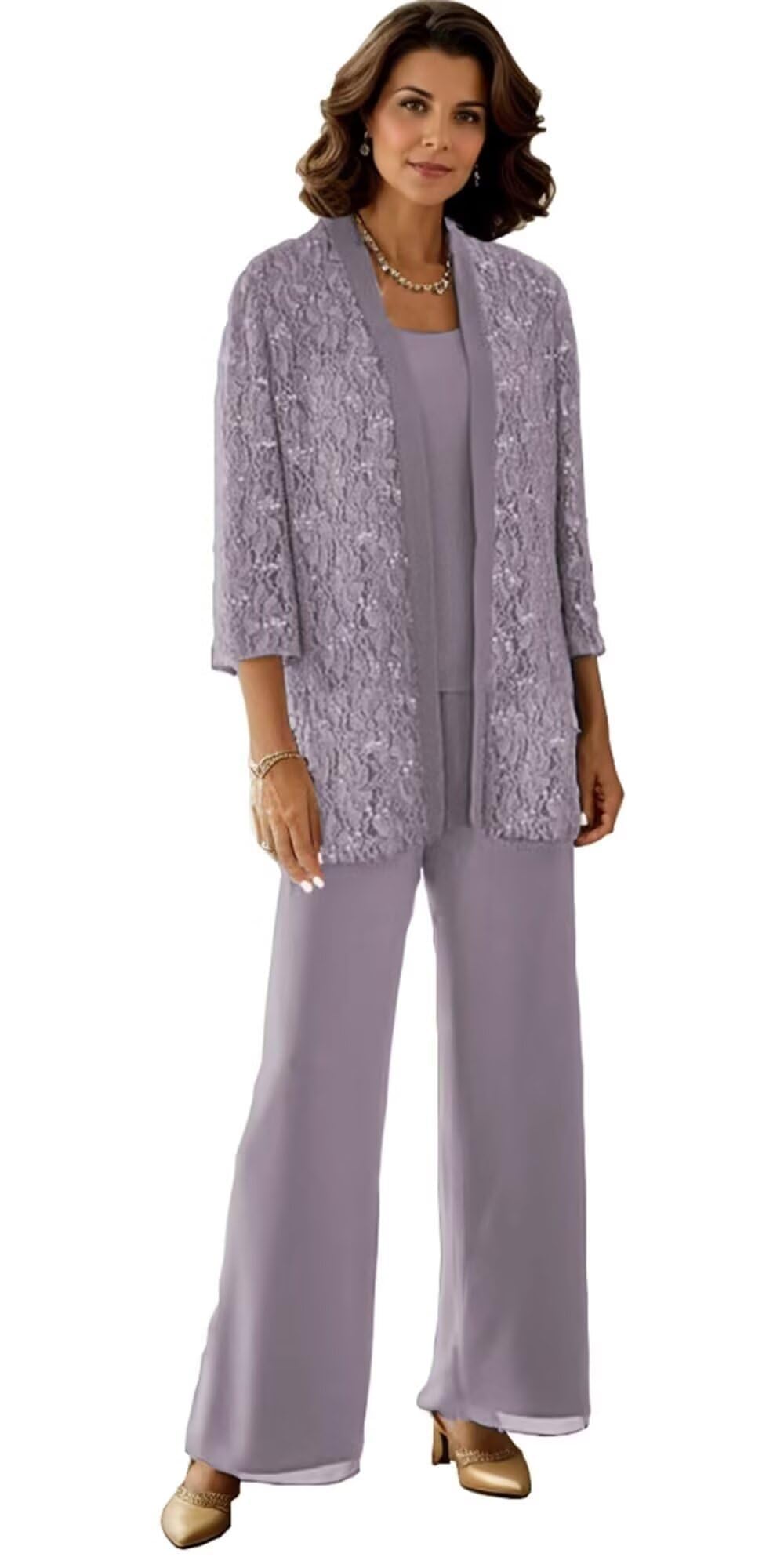 3 Pieces Mother of The Bride Pantsuits for Women - Chiffon Lace 3 4 Long Sleeve Wedding Formal