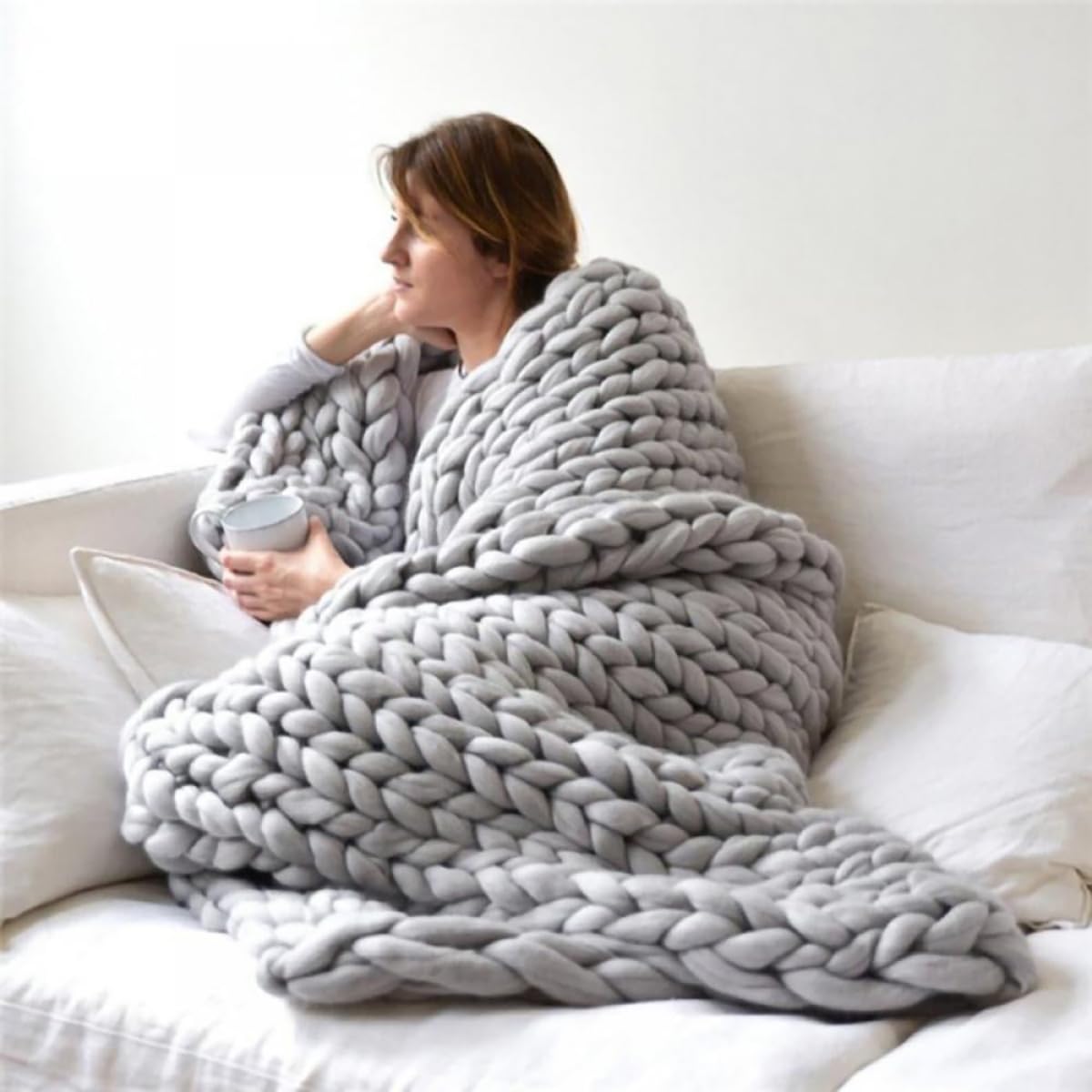 Care Spring Chunky Knit Blanket, Merino Wool Blend Giant Yarn Knitted Throw, Handmade Soft Crochet Throw Blankets Home Décor for Couch Sofa Bed,Grey,80 * 80cm