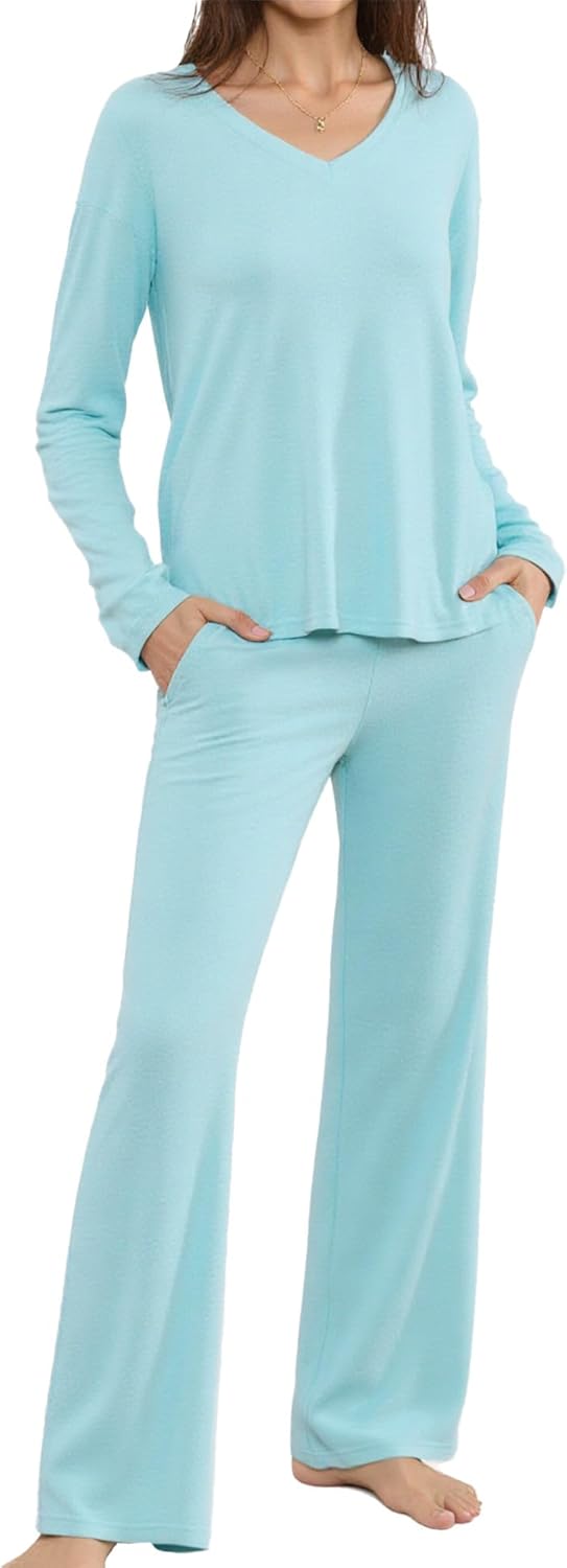 HEARTNICE Women's Ultra Soft V-Neck Long Sleeve Pajama Set - Lightweight & Stretchy PJs for Cozy Nights