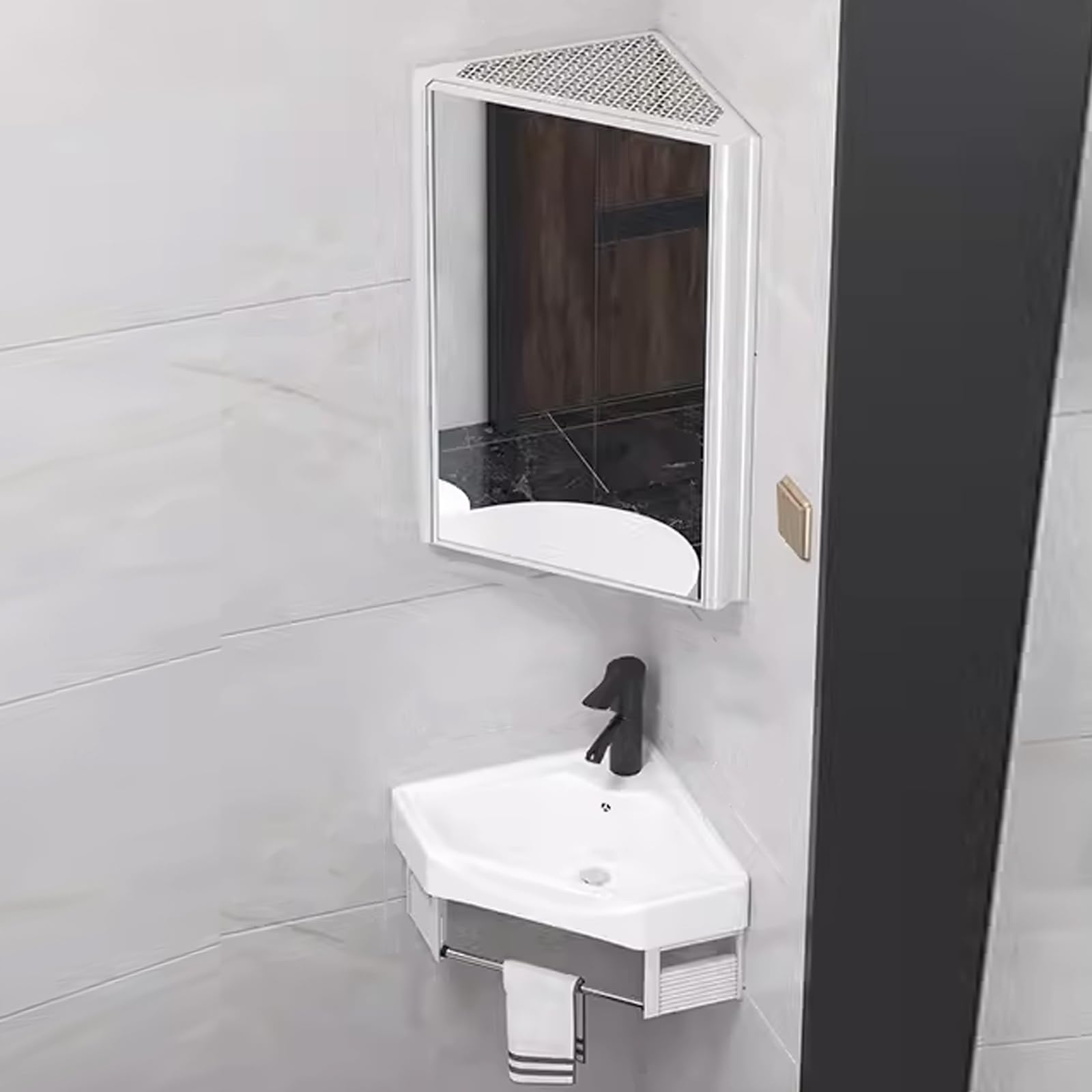 GLJTUO Corner Bathroom Sink & Vanity Combo Set with Mirror Cabinet WallMounted Storage for Small Spaces Stylish 37cm Bathroom Solutions,Bianco-37cm/14.5
