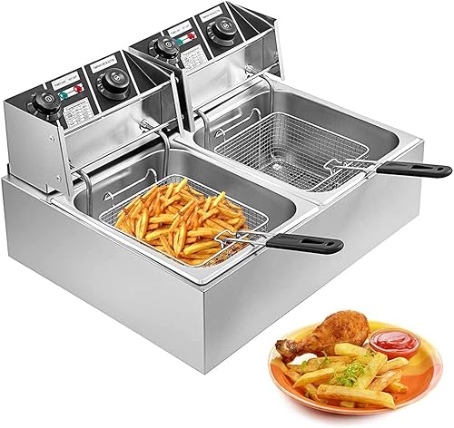 Freidora comercial con 2 cestas y tapas, freidora de gran capacidad de acero inoxidable de 2 x 6 litros, máquina de freír cocina con control de