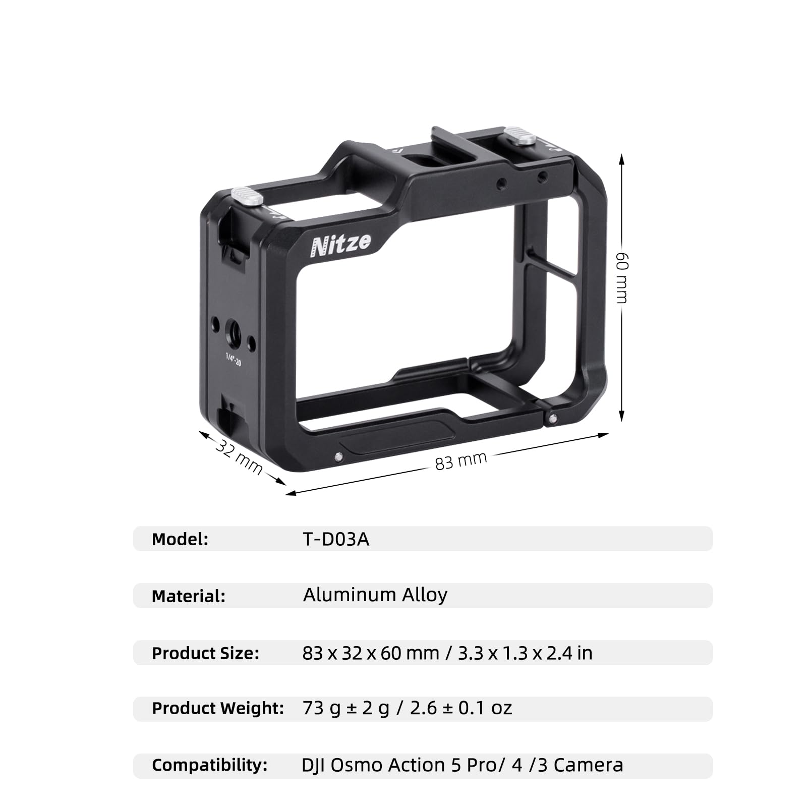 Nitze Cage pour DJI Osmo Action 5 Pro/ 4/3, Cage de Protection en Aluminium avec Interface Magnétique, Trous de Positionnement 1/4" et Cold Shoe pour Microphone ou Lampe Vidéo LED - T-D03A