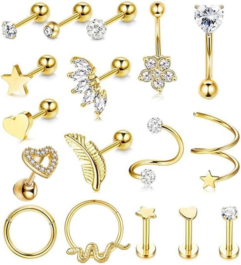 LYLYMIMI 16G Cartilage Earring Studs Hoops Set 316L Stainless Steel Cartilage Piercing Jewelry for Women Men Conch Rook Helix Tragus Daith Forward Tragus Piercing Jewelry 17Pcs