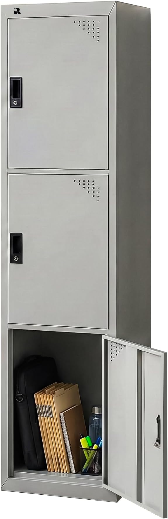 – RIGID 3 Door Steel Storage Locker with Shelves | Metal Cabinet for Home, School & Office | Secure Key Lock, Plastic Handles, Multi-Compartment Organizer, Grey (45D x 38W x 180H cm) Assembled