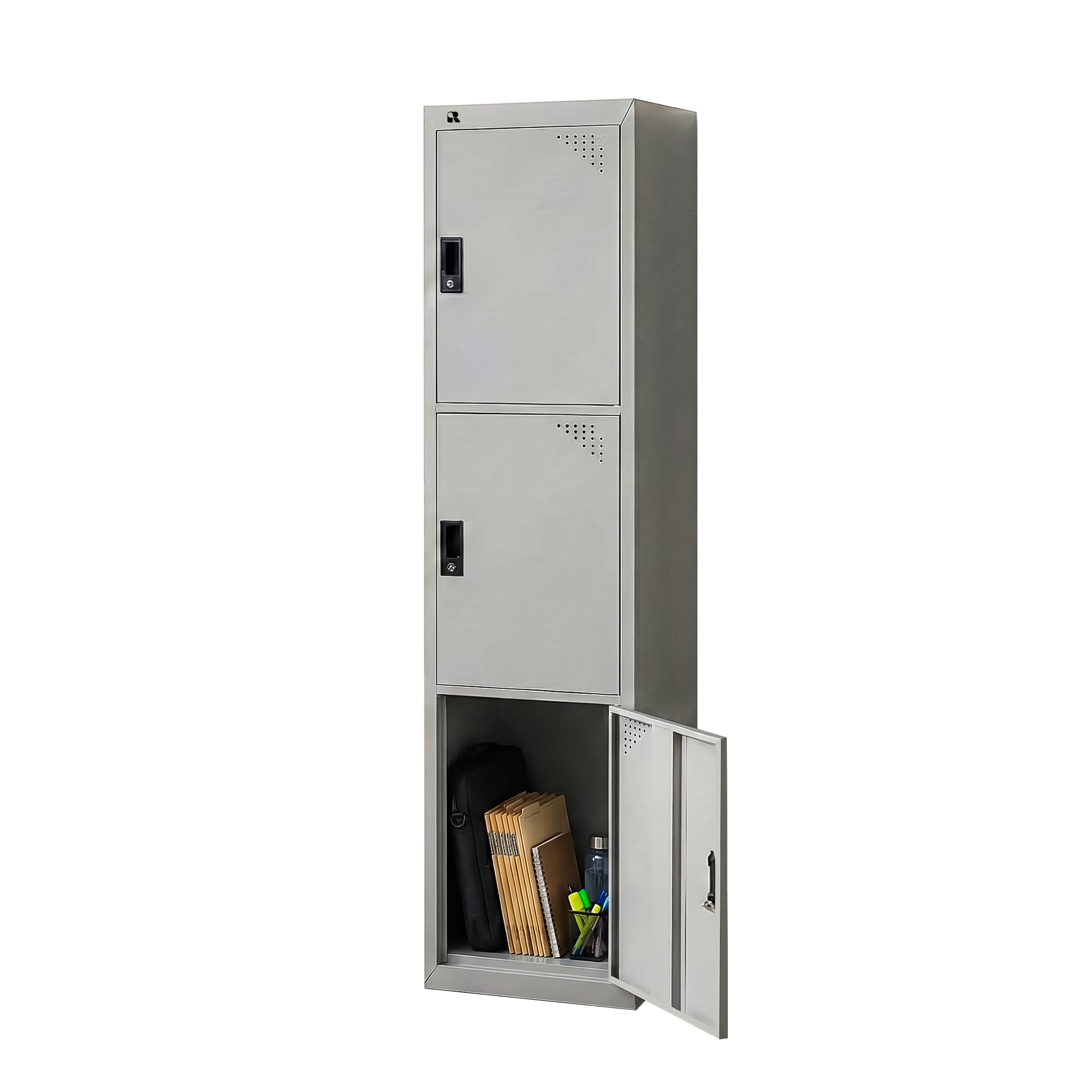 RIGID 3 Door Steel Storage Locker with Shelves | Metal Cabinet for Home, School & Office | Secure Key Lock, Plastic Handles, Multi-Compartment Organizer, Grey (45D x 38W x 180H cm) Assembled