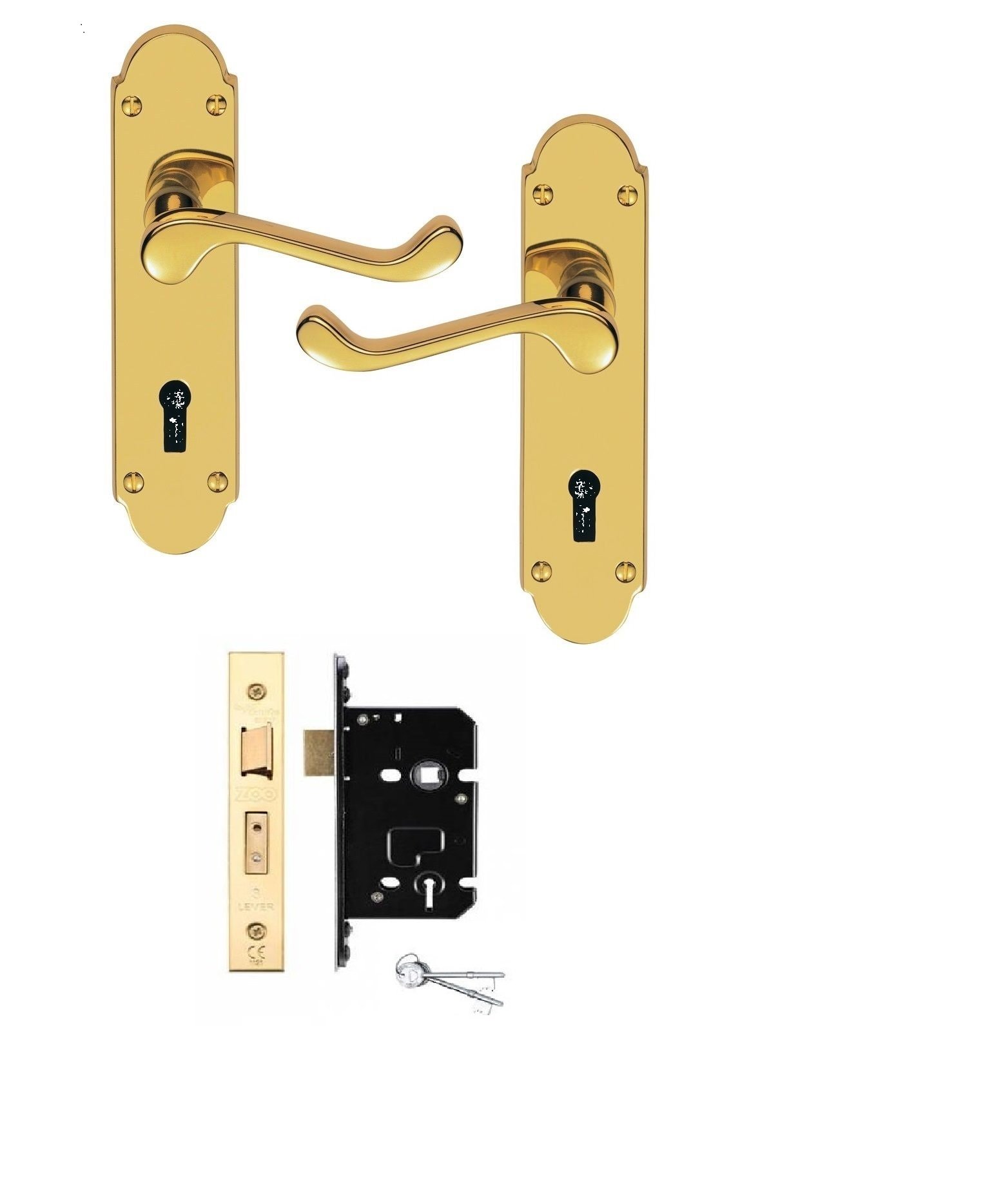 Euroart Gold Epsum Door Handles Lever On Backplate Polished Brass With Lock