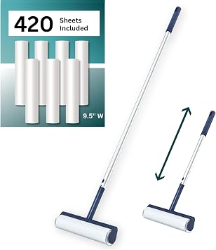 Large Lint Roller with Extra Sticky Roller and 420 Sheets 9.5" Wide, Floor Lint Roller Long Handle, Extendable to 41", Carpet, Couch, Pet Hair, Clothing Cleaning Supplies Navy Roller + 7 Refills