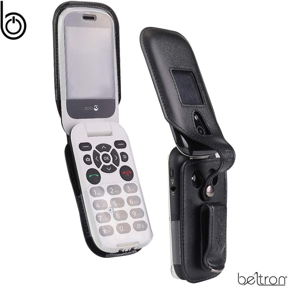 BELTRON Leather Fitted Case for Consumer Cellular Doro 7050, Tracfone Doro 7050L Flip Phone - Features: Rotating Belt Clip, Screen & Keypad Protection & Secure Fit (Black)