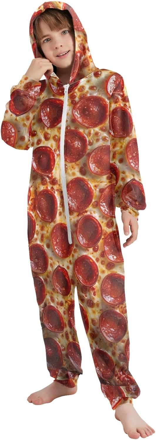ODAWA Pizza Pepperoni Unisex Onesie Kids Halloween Costume Christmas Cosplay Comfy Hoodie One Piece Jumpsuits for Children Girls Boys, 13-14 Years