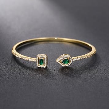 Sdouefos Moissanite Cuff Bangle Bracelet 925 Sterling Silver Teardrop Square Shape Diamond Bangle for Women Elegant Adjustable Sparkling Zircon Open Bangle Bracelet Gold Green