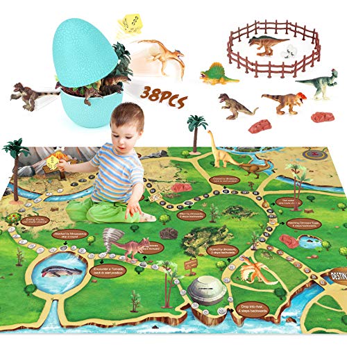 Dinosaur Toys Figure Playset Dice Game with Easter Egg Container Easter Basket Fillers Stuffers 48 X 32â€™' Play Mat Action Figure to Create a Dino World Gifts for Kids Toddler Boys Girls