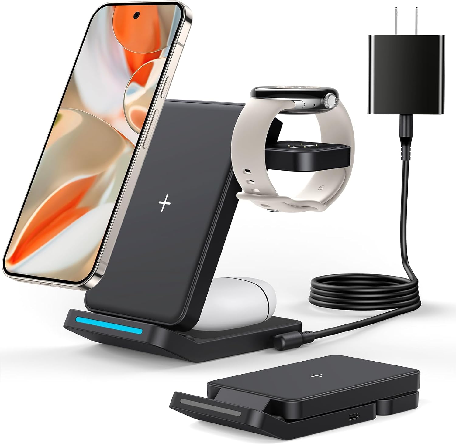 Foldable Wireless Charger for Google Pixel Watch 3/2, 3 in 1 Fast Charging Station Stand for Pixel 10 Pro XL/10 Pro/9/8/7 Pro/8a/8/7/6 Pro and Buds (Not for Pixel Watch 4/1) with QC Adapter