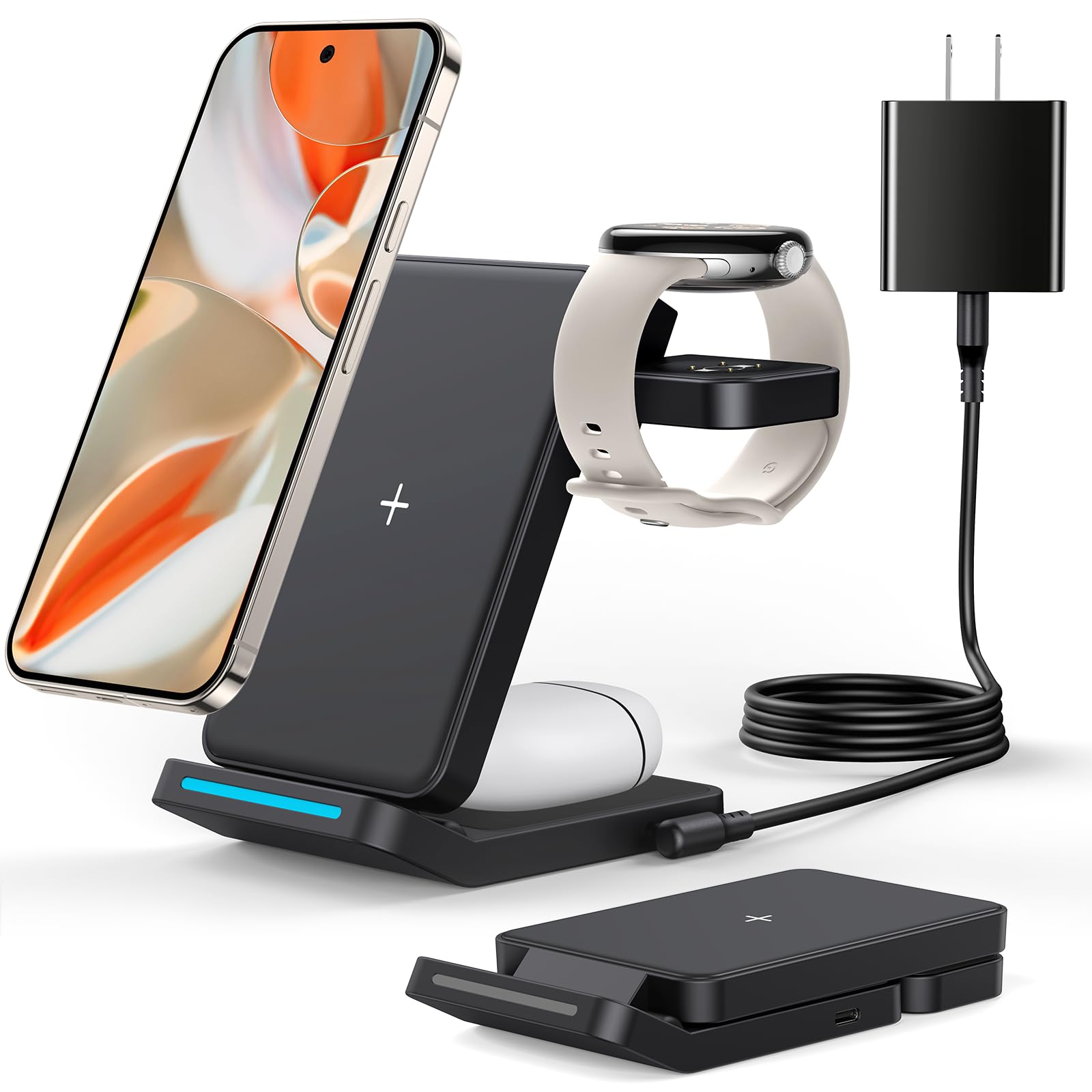 Upgarded Foldable 3 in 1 Wireless Charger for Google Pixel Watch 3/2, Charging Stand for Pixel 9 Pro/XL/9/8 Pro/8a/8/7/Pro/7/6/Pro and Pixel Buds Pro/2(Not for Pxiel 9 Pro Fold) with Adapter, Black