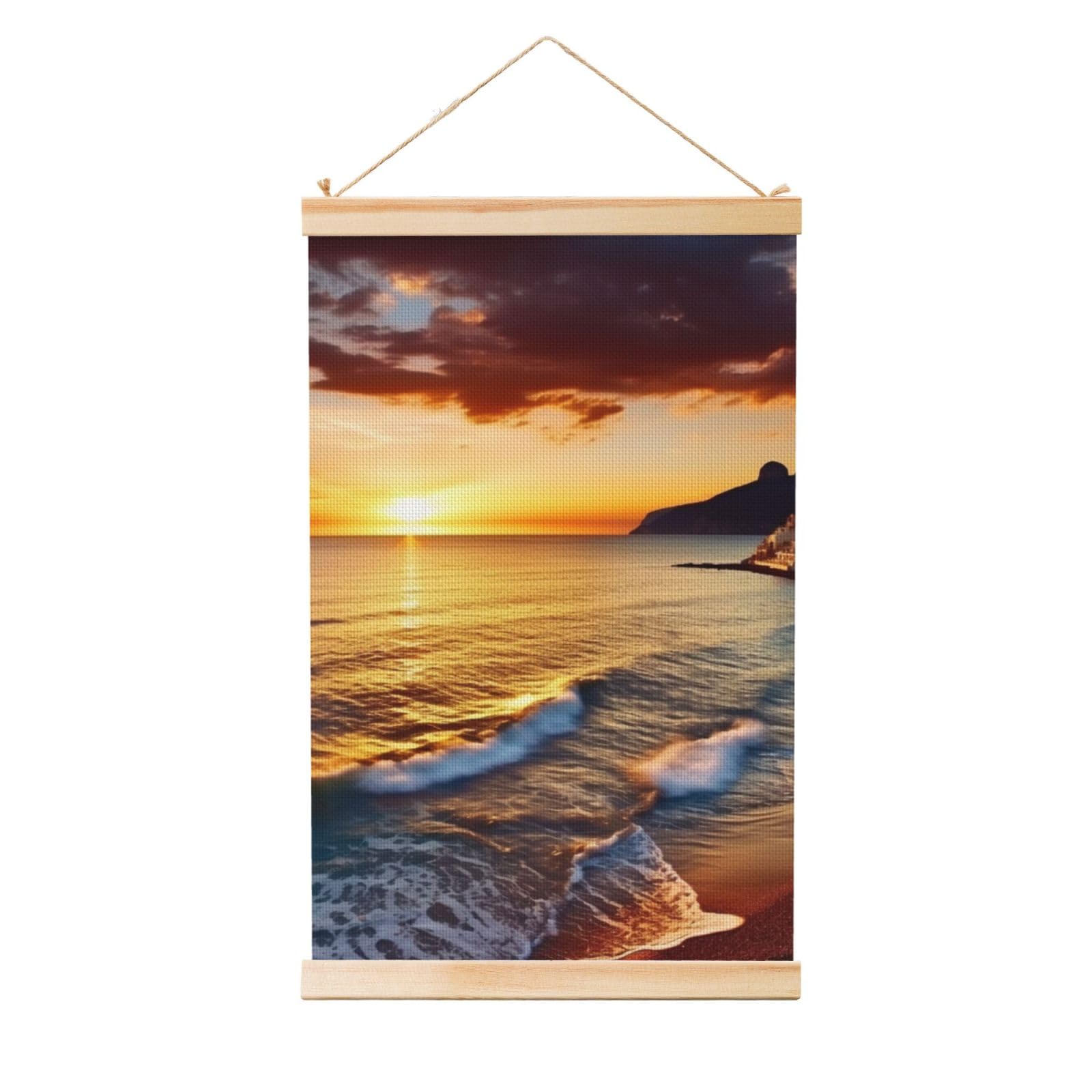 Seaside Sunset Posters Wooden Shaft Hanging Poster Canvas Prints Scroll Wall Art Painting Vintage Wall Banner Modern Artwork Decor for Home Decor Ready to Hang 20"x30"