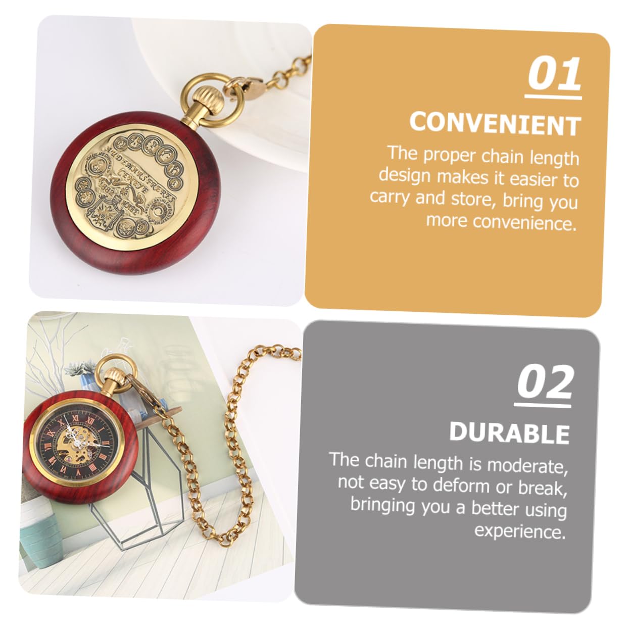 GALPADA Reloj de Bolsillo Mecánico Vintage Cadena, Diseño con Números Romanos de Madera y Aleación, Fácil de Transportar y Almacenar, Obsequio Práctico para Eventos Formales