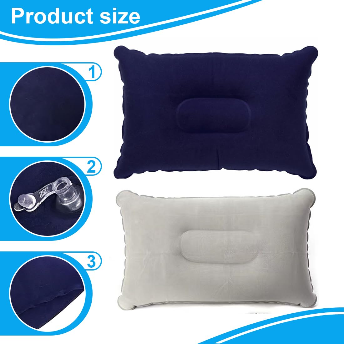 Almohadas Hinchables de Viaje Suaves 33x22 cm Plegables para Playa Camping Senderismo (Gris/Azul)