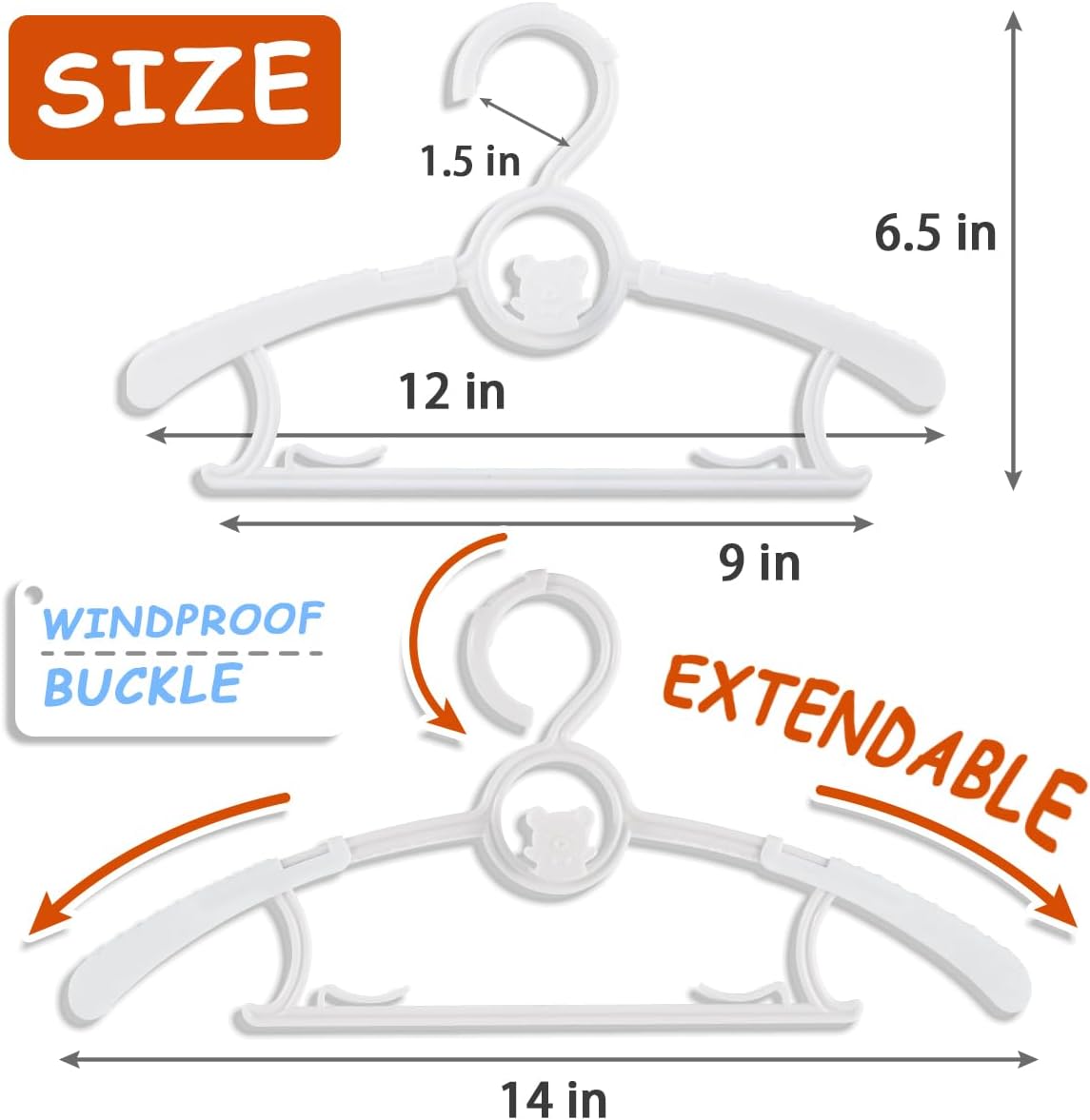 Baby Hangers for Nursery Closet 40 Pack Plastic Kids Clothes Hanger Space Saving Non Slip Extendable Toddler 11-14” Adjustable Hangers Heavy Duty Clothing Infant Hanger Bulk, White - Image 4