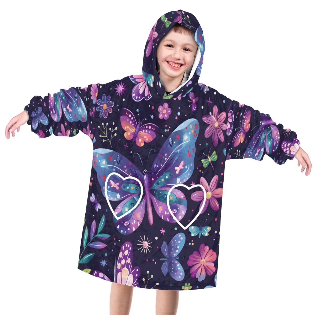 Wearable Blanket Hoodie for Kids, Vivid butterfly Fleece Sweatshirt Blanket Oversized Blanket Sweatshirt with Pocket Flannel Warm Hooded Blanket 6-10 Year Old Girl Boy Gift, One Size