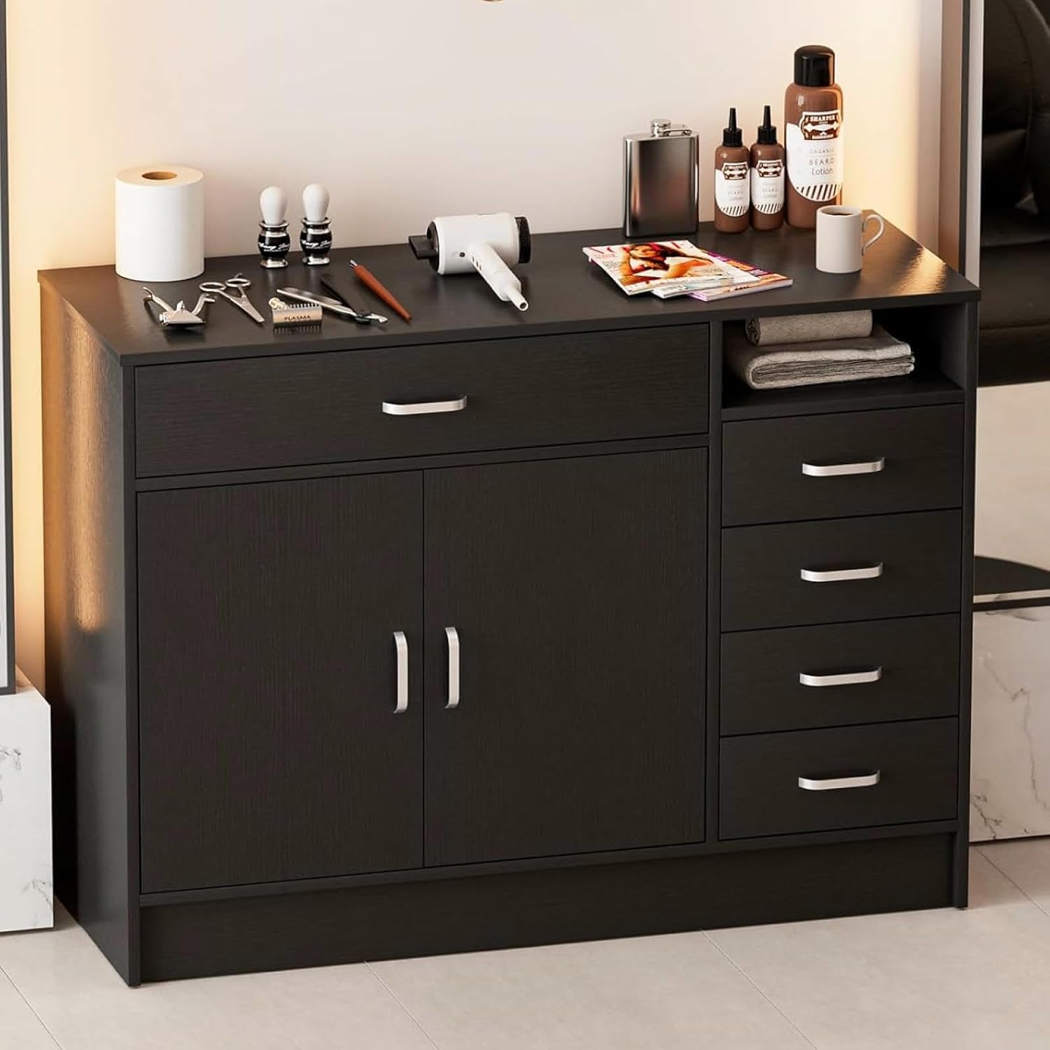 Paddie 5-Drawers Salon Station Free Standing Cabinet, Salon Furniture Hair Styling Stations w/4 Side Drawers, 1 Middle Drawer, 1 Cabinet & Open Shelf, Barber Table Hair Salon Furniture