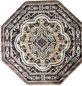 emirates Traditional Octagon Rug Beige Brown Burgundy & Black Design 520 4 Feet X 4 Feet