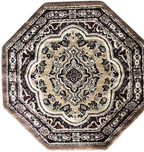 emirates Traditional Octagon Rug Beige Brown Burgundy & Black Design 520 (4 Feet X 4 Feet)