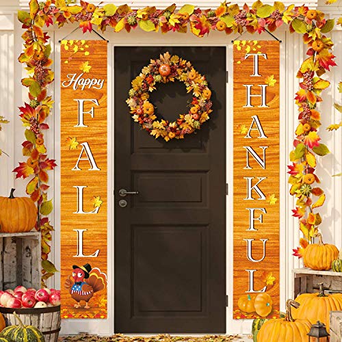 FECEDY Happy Fall Thankful Hanging Banner Thanksgiving Porch Sign Autumn Pumpkin Maple Leaf Backdrop Flag Fall Harvest Welcome Banner For Home Yard Indoor Outdoor Wall Door Thanksgiving Party Decorations 72"x12"