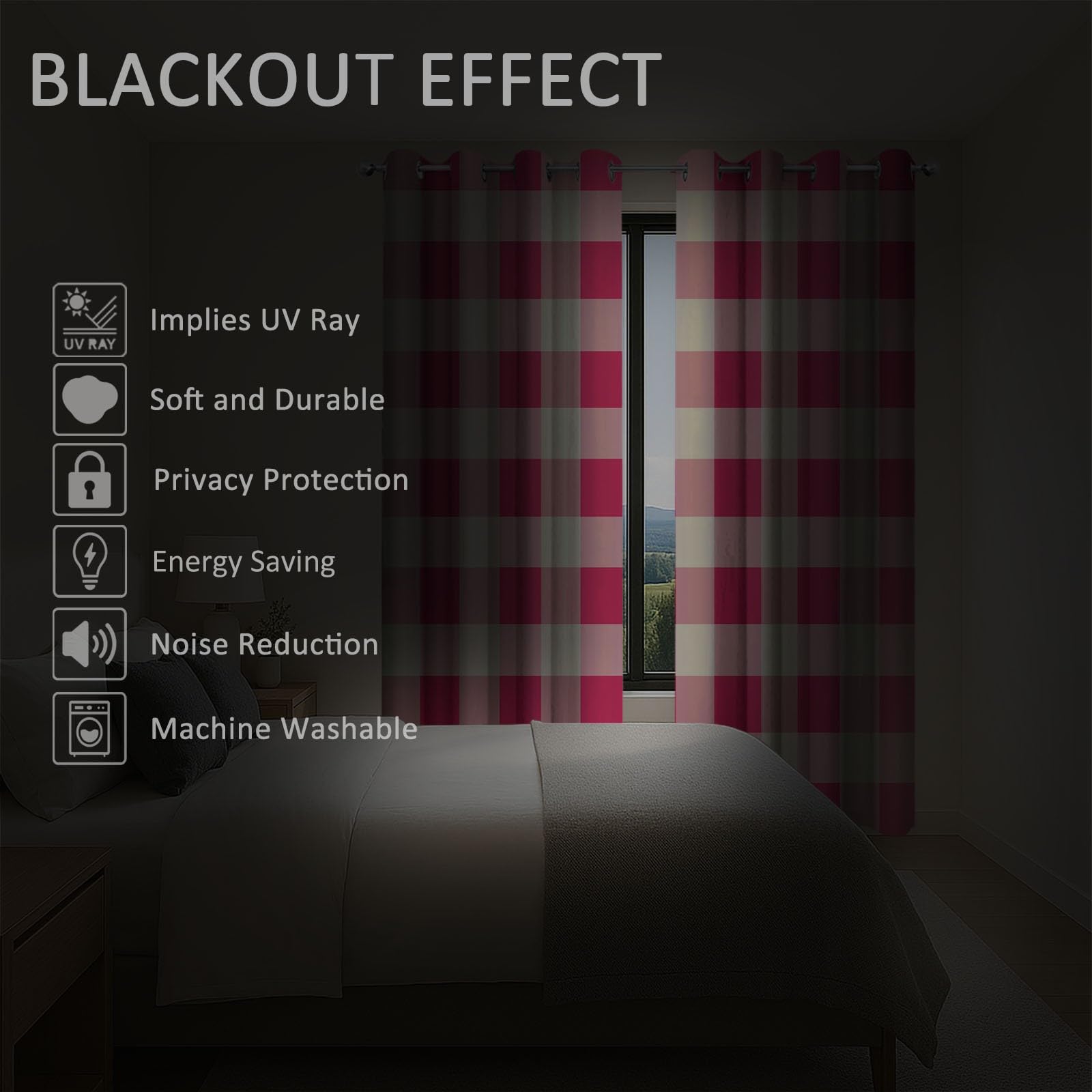 Blackout zasłony zaciemniające na przelotkach, prosty wzór karo, różowe zasłony, miękkie zasłony poliestrowe, do salonu, sypialni, dla dzieci, chłopców, dziewczynek, zestaw 2 sztuk, 214 x 91,5 cm