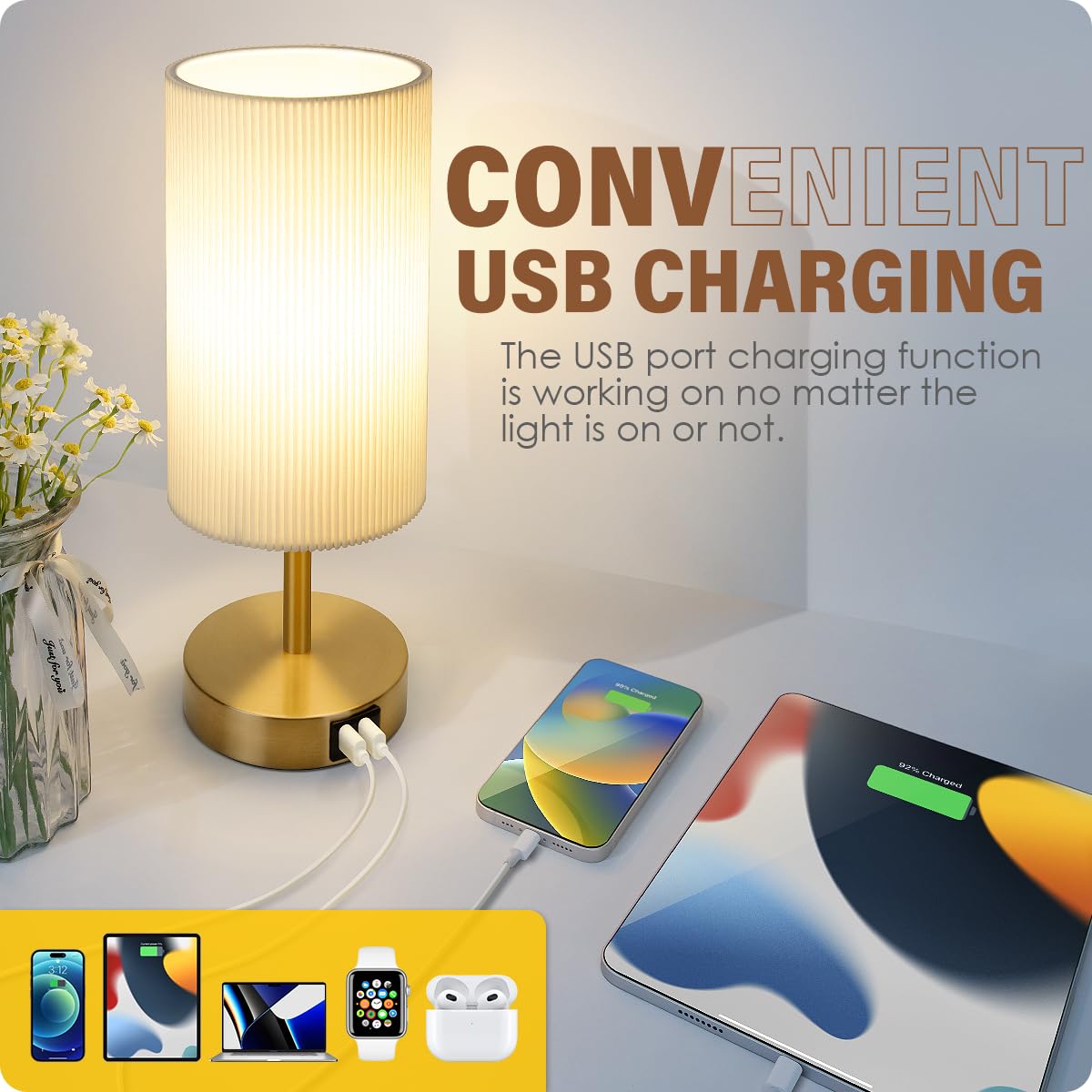 Yarra-Decor Lámpara de noche con puertos de carga USB A+C, juego de dos, lámpara de mesa de control táctil para dormitorio, lámpara de mesa de noche regulable de 3 vías con pantalla plisada redonda