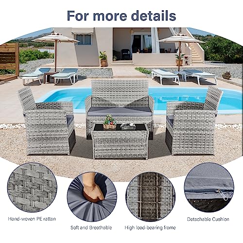ASOWNSUN Grey Rattan Garden Furniture Set 4 piece Chairs and Table, Indoor Outdoor Patio Conversation Set - Image 7