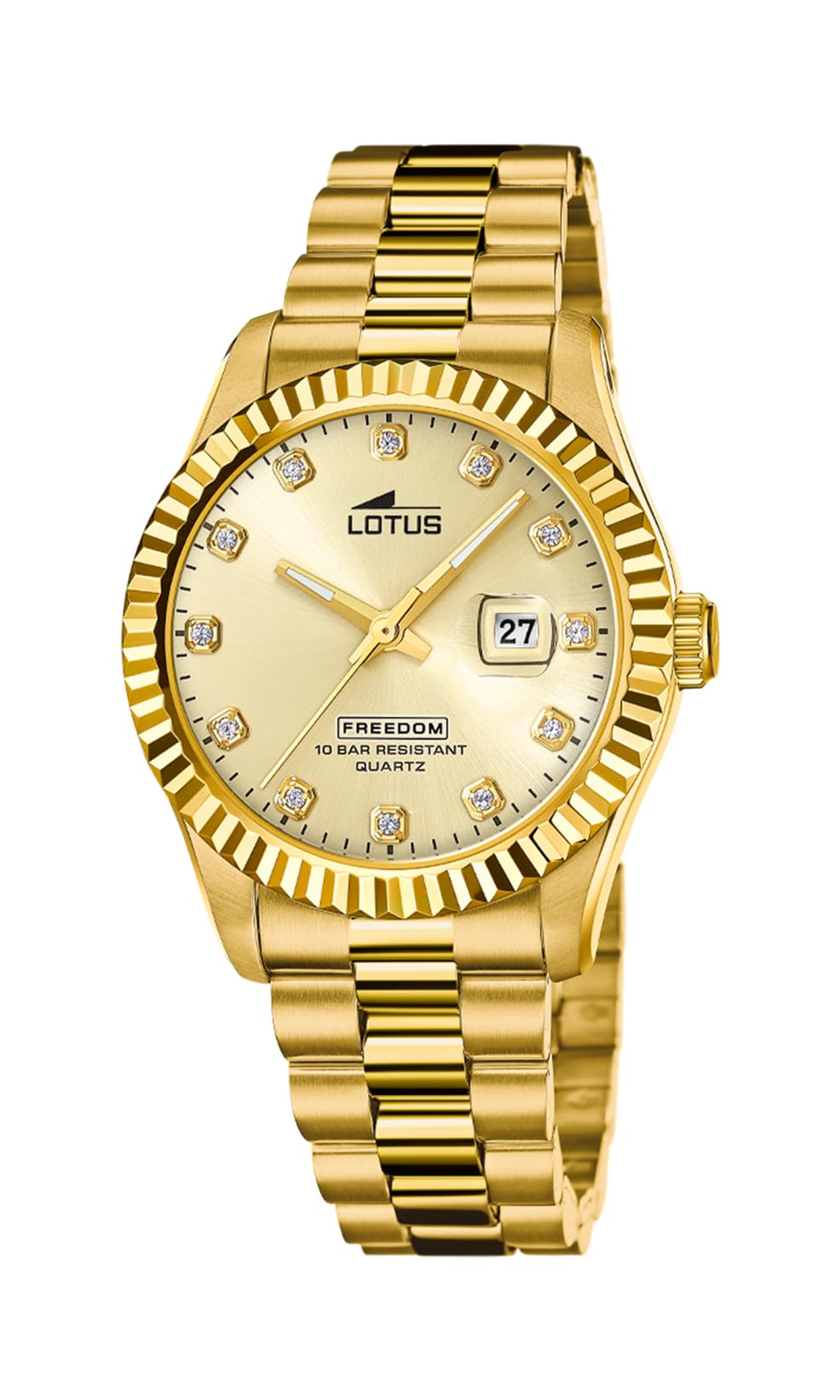 LOTUS Reloj Hombre Analógico de Acero Inoxidable 316l Dorado - Movimiento de Cuarzo - Calendario - Cristal Mineral de Alta Resistencia - Resistente al Agua 10 ATM 18857/C Freedom