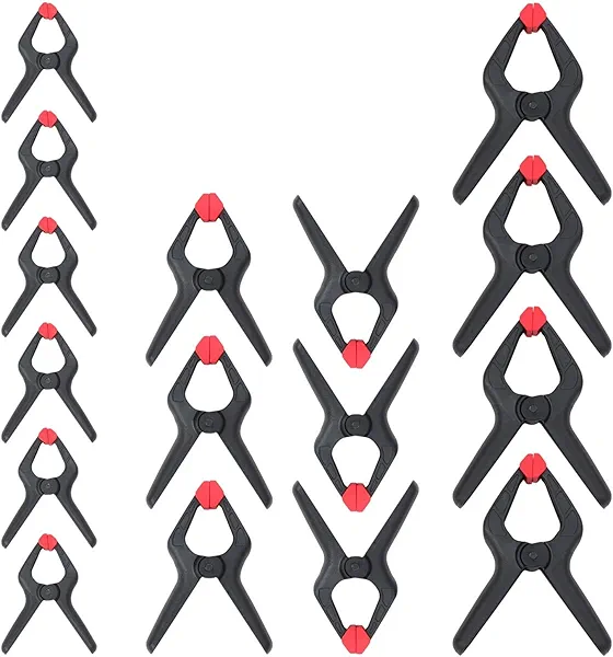 WORKPRO 16-Piece Nylon Spring Clamp Set-4pc 6-1/2", 6pc 4-1/2" , 6pc 3-3/8", for Woodworking, Photography Studios and DIY Works, Black multi size Black