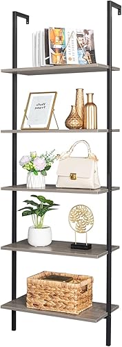 Estantes de escalera de 5 niveles montados en la pared, estantería industrial con marco de metal y estante de madera, estantería de aprendizaje