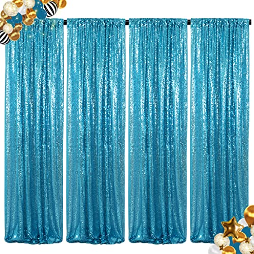 ShinyBeauty Sequin Backdrop Curtains 4 Panels Aqua 2FTx8FT Sequin Fabric Photo Backdrop Curtains Turquoise Glitter Curtains for Party
