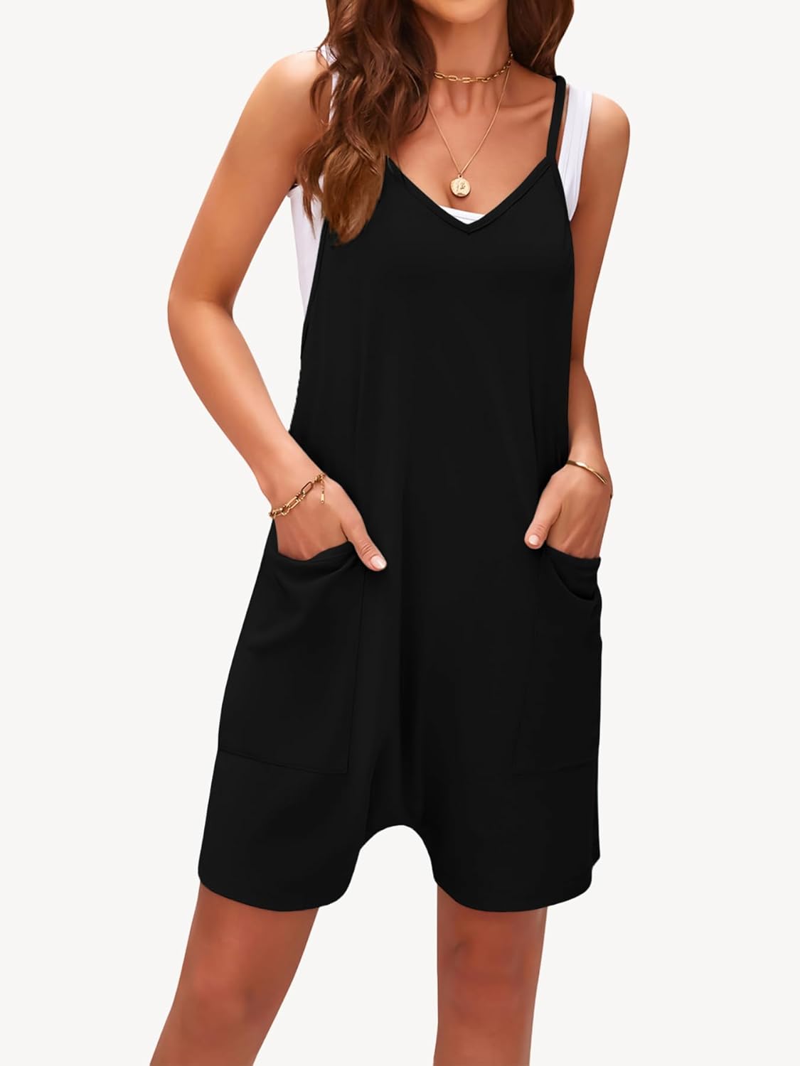 Rompers for Women Summer Casual Sleeveless Spaghetti Strap Shorts Overalls Jumpsuit with Pockets BlackXXL - Image 4