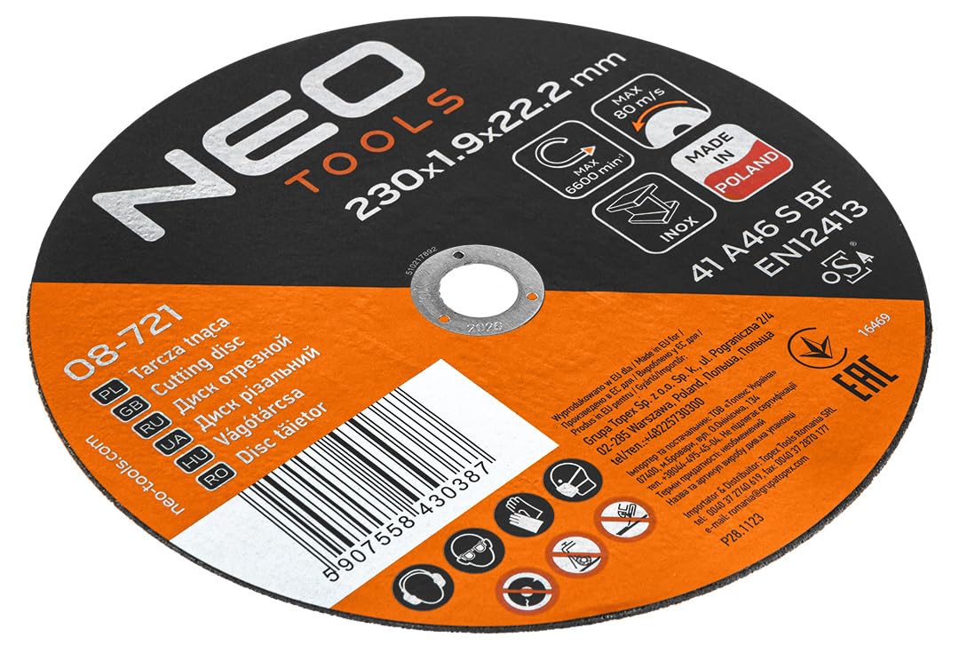 NEO TOOLS Discos de corte Ø 230 x 1,9 mm x 22,23 mm, 25 unidades, acero inoxidable y acero inoxidable, disco flexible para amoladora angular, disco de desbaste, máx. 6600 rpm – 80 m/s