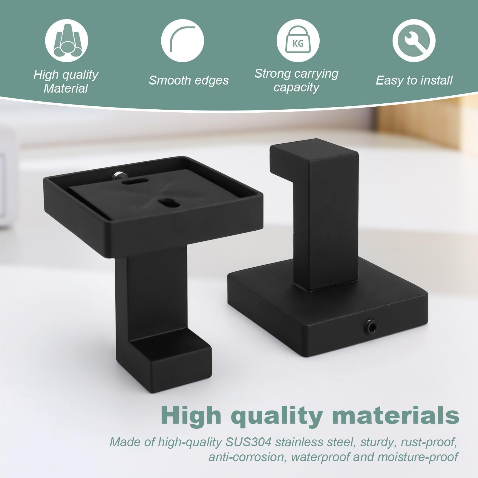SHENGYIG Towel Hooks for Bathrooms 2-Pack Black Wall Mounted Hanger for Bathroom Kitchen, Hotel & Garage - Image 4
