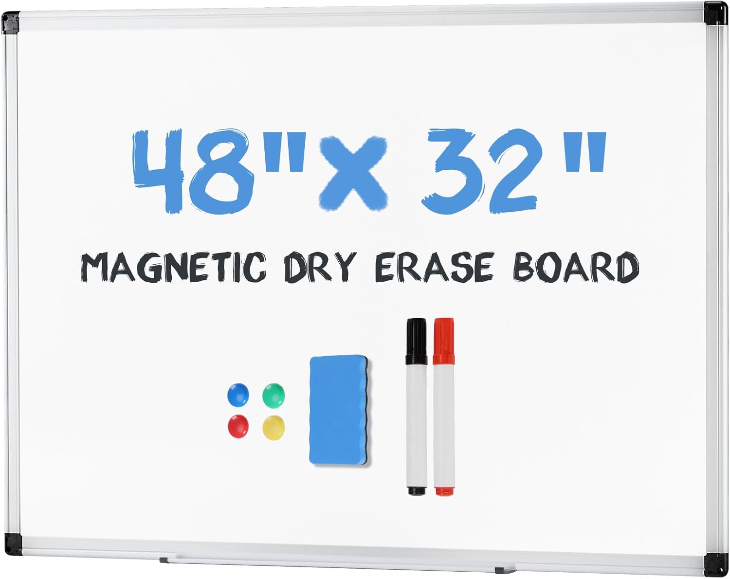 DUMOS Magnetic White Board Kit for Wall 48" x 32", Dry Erase Board with 1 Dry Eraser & 2 Multicolor Markers & 4 Magnetic Pins, Silver Reinforced Aluminum Frame for Home, School, Office