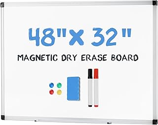 DUMOS Magnetic White Board Kit for Wall 48" x 32", Dry Erase Board with 1 Dry Eraser & 2 Multicolor Markers & 4 Magnetic Pins, Silver Reinforced Aluminum Frame for Home, School, Office