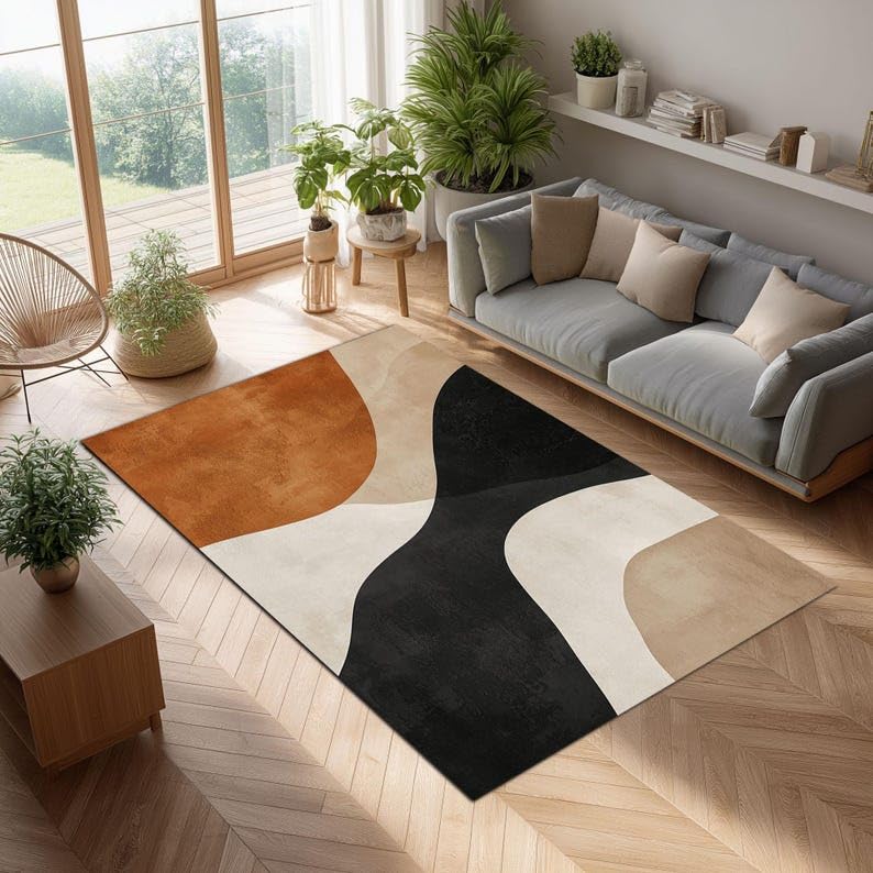 Tapis moderne abstrait lavable et antidérapant noir beige - 4