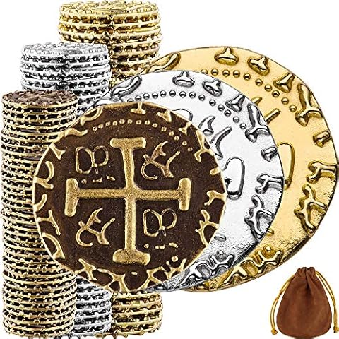 Pirate Coins, 102 Bronze, Silver & Gold Treasure Coin Set, Metal Replica Spanish Doubloons for Board Games, Tokens, Cosplay, Realistic Money Imitation, Pirate Treasure Chest, M, L, XL Sizes Mix Cover