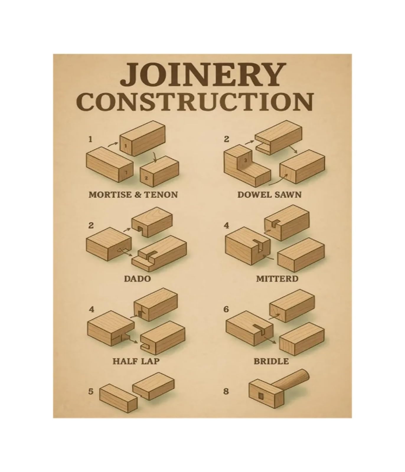 BIANMTSW Workshop Wall-Art Wood Joinery Reference Chart Carpentry Educational Print for Man Cave Decor and Gift for Carpenter Handyman Framed,16X24inch(40X60cm)