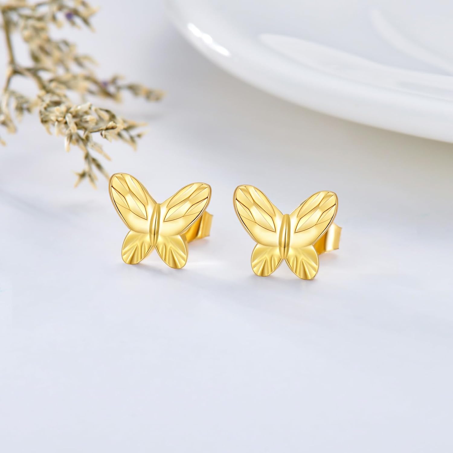 Solid 14K Gold Flying Butterfly Earrings for Women, 14kt Real Gold Diamond-cut Cute Butterfly Stud Earrings Birthday Christmas Gifts for Mom Her Wife Girlfriend - Image 5