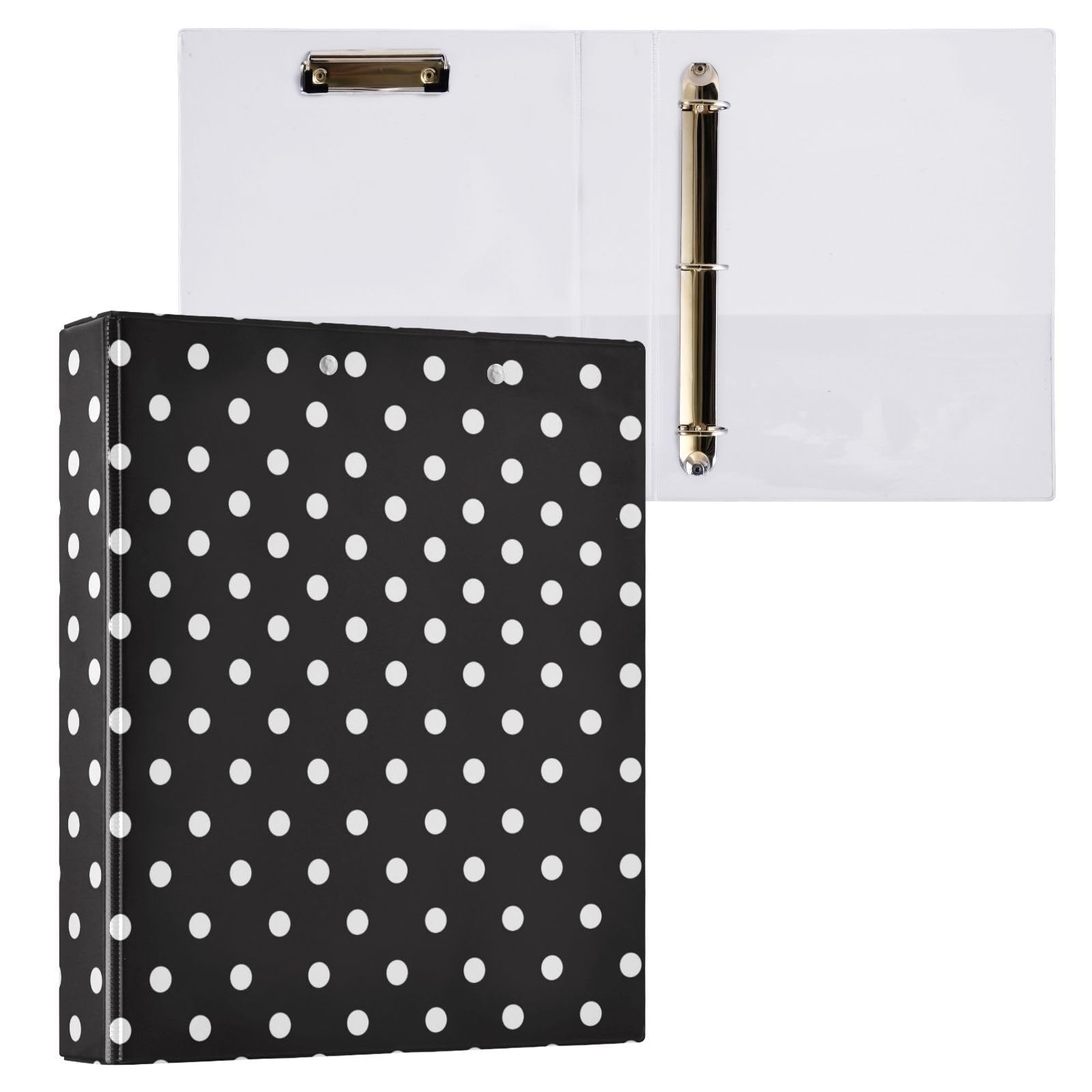 3 Ring Binders 1.5 inch White Polka Dot Black Binder with Clipboard PVC Pockets Fit 8.5 x 11 Paper for School Office Supplies 1 Pack