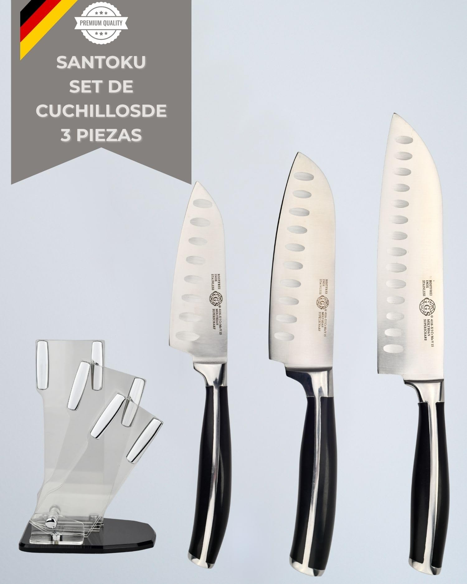 GGS Collection Home And Kitchen Juego De Cuchillos De Cocina Santoku 4 Piezas Con Bloque,Cuchillos Cocina De Utensilios De Cocina Acero Inoxidable Templado Especial,Solingen Standard,Accesorios Cocina