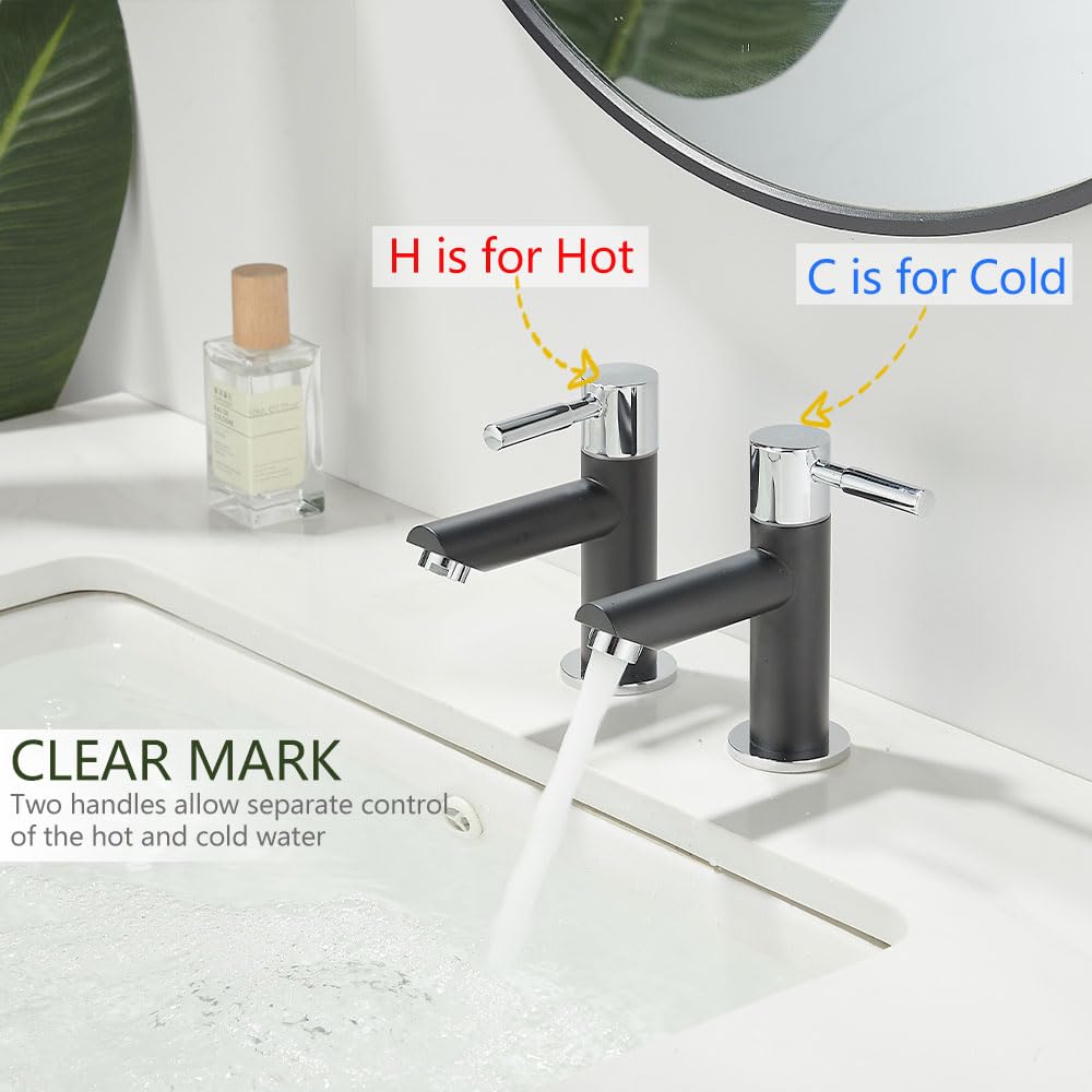 Maynosi Bathroom Basin Pillar Taps, Pair Basin Sink Mixer Taps, 1/4 Turn Washroom Pair Faucets, Twin Lever Modern Taps works - Image 3