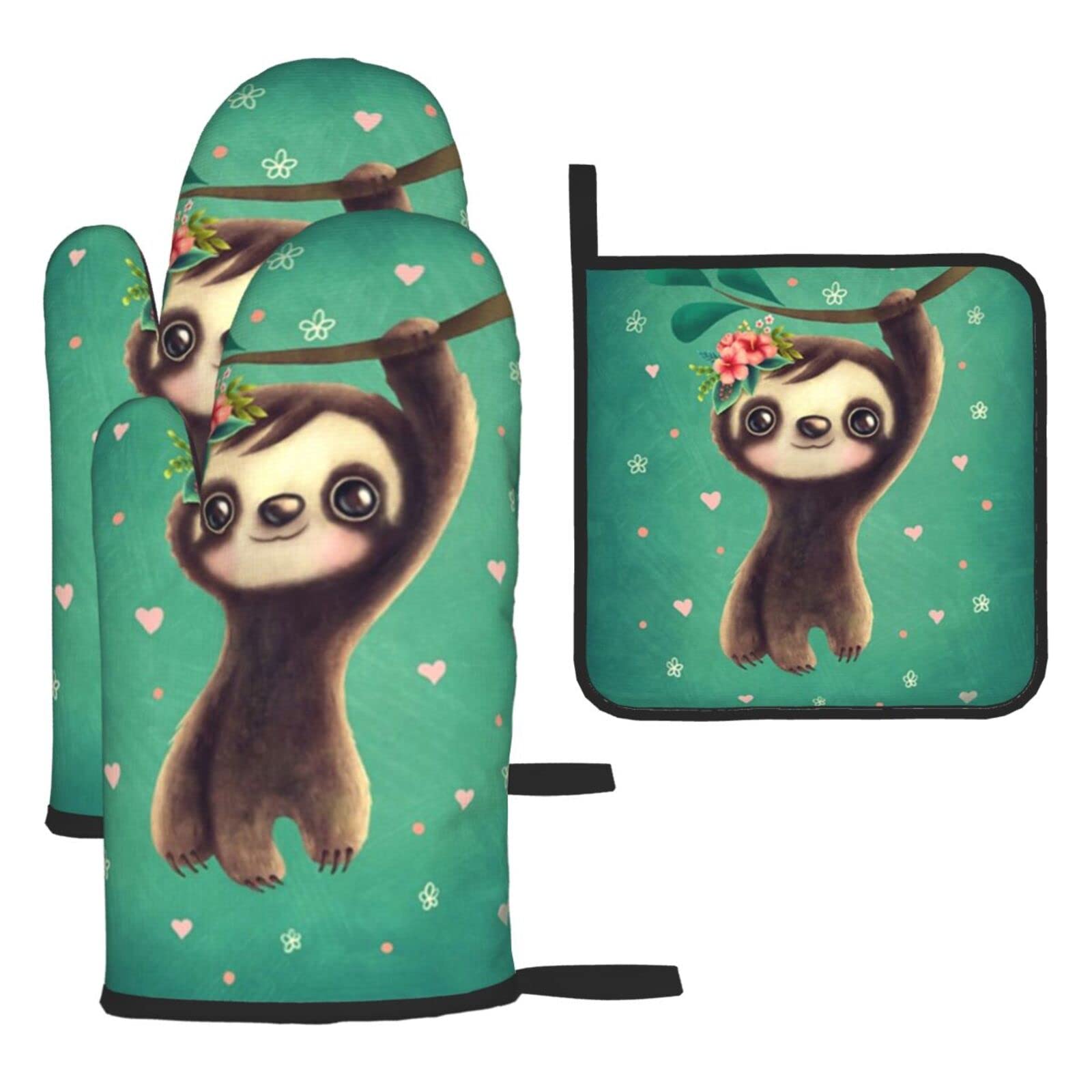 Cute Sloth Oven Mitts and Pot Holder Kitchen Set for Grilling, Cooking, Baking, Heat Resistant