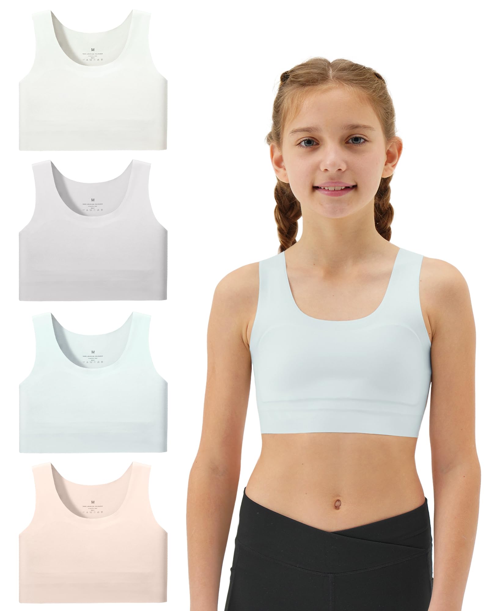 SascinaGirls Soft Training Bras 7-12 Seamless First Bra Girls Sports Bras Longline Crop - No Pads, Chest Double Lined