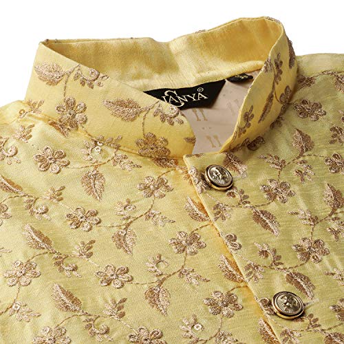 Image of SOJANYA (Since 1958 Men's Cotton Linen Maroon Kurta and White Pyjama with Mustard Cotton Nehru Jacket