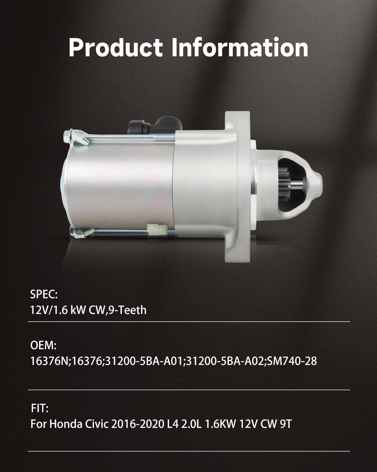 OCPTY Starter Fit for Honda Civic 2016-2020 L4 2.0L 1.6KW 12V CW 9T Replace 31200-5BA-A01 31200-5BA-A02